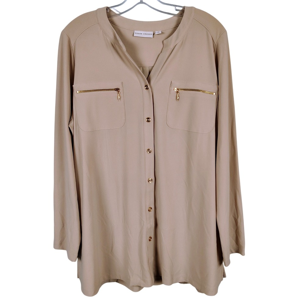Susan Graver Womens 1X Button Front Tunic Tan Gold Zip Utility Officecore
